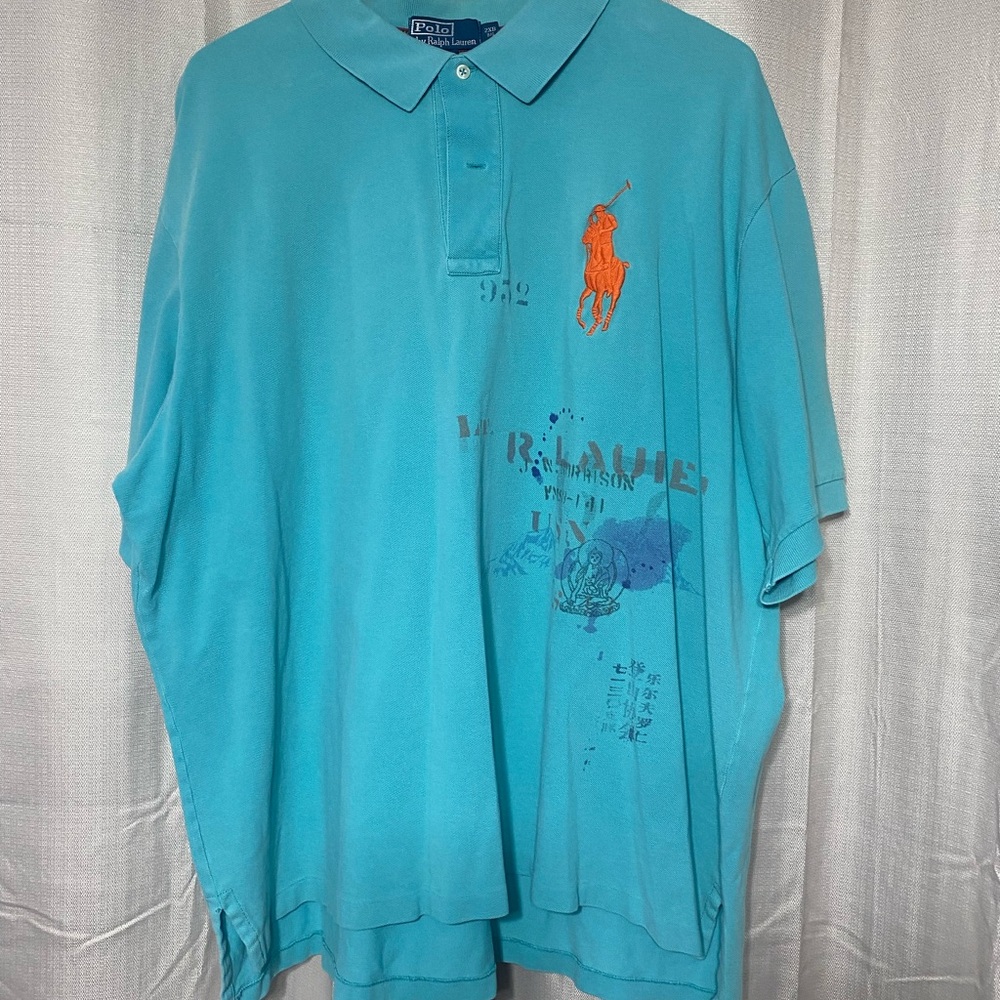 Ralph Lauren Men's Aqua Polo Shirt with Orange Logo